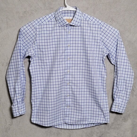 Eton Blue and White Checkered Casual Button Down Shirt - Picture 1 of 8